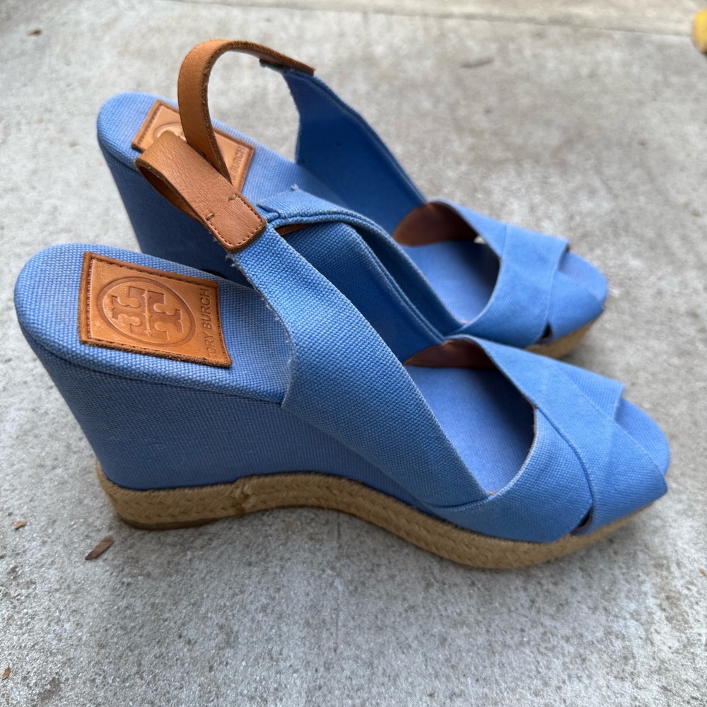 Tory Burch Blue and Tan Wedge Sandals